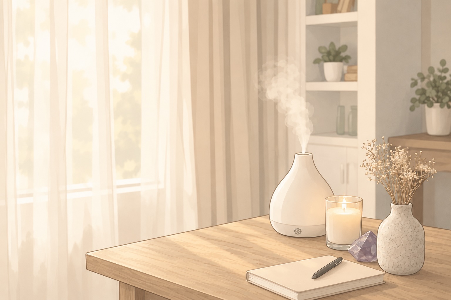 A lit candle, a diffuser and a journal on a wooden desk beside a sunlit window