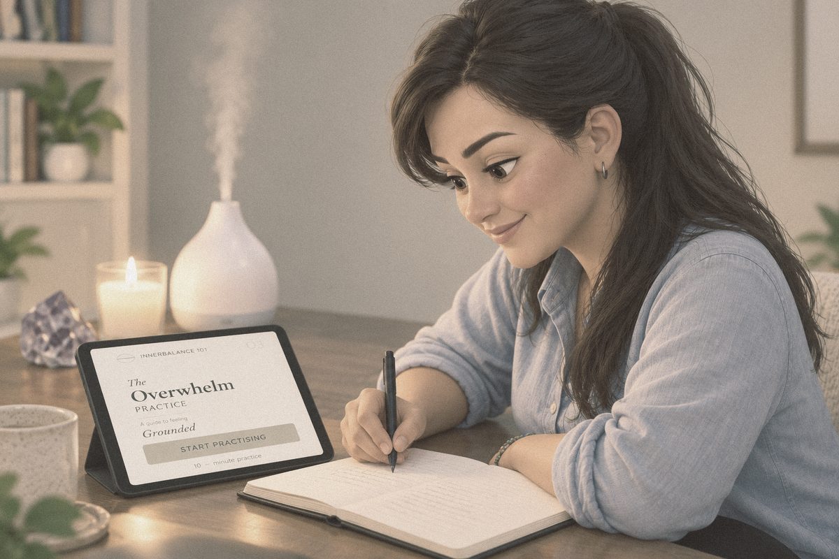 Illustration of Naomi Lucia journalling at a wooden desk, smiling, with a candle and diffuser beside her and the innerbalance101 Overwhelm Practice open on a tablet