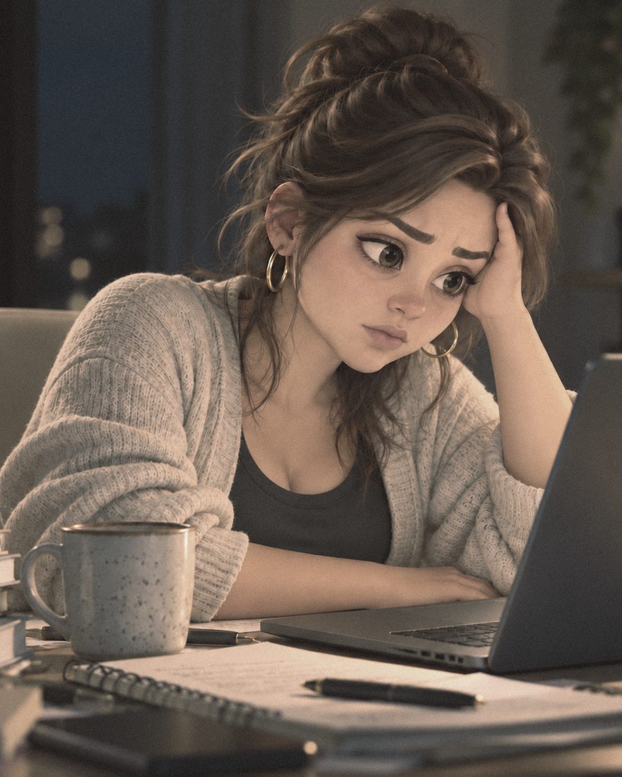Illustration of a tired woman at her laptop late at night, resting her head on her hand, with a mug and notebook beside her