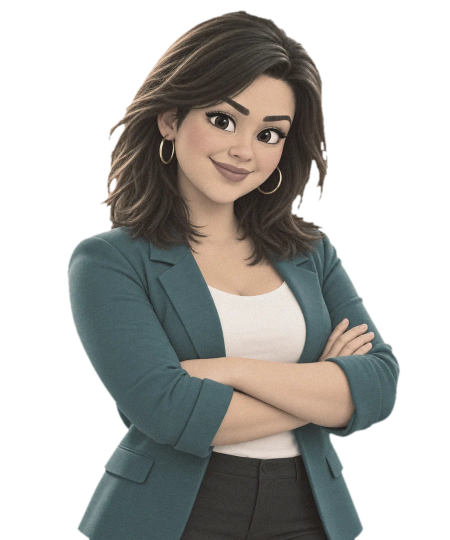 The same woman in a teal blazer, arms crossed, smiling and steady