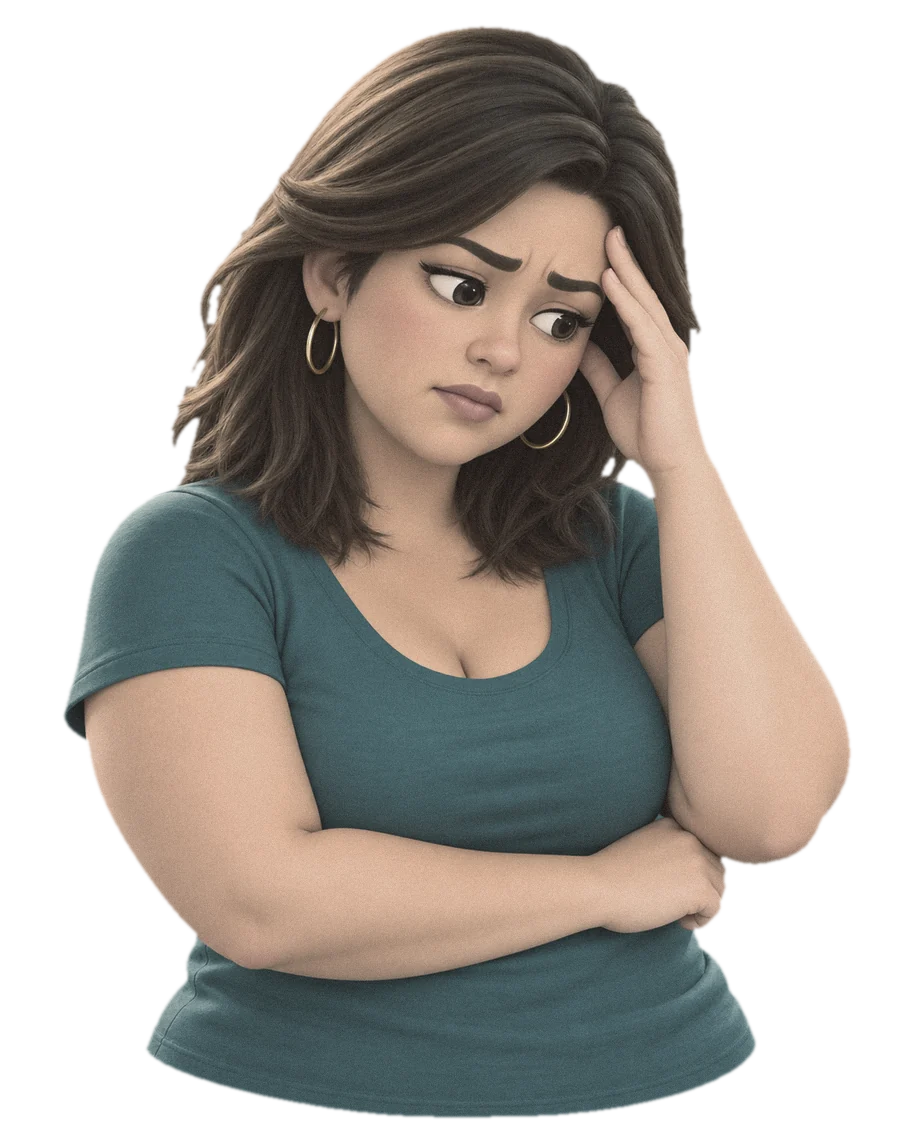Illustration of a woman in a teal top, one hand on her forehead, looking overwhelmed