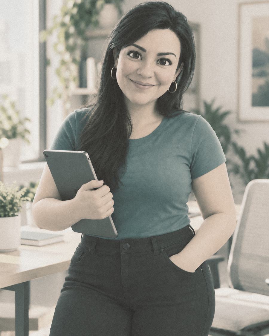 Naomi Lucia, founder of innerbalance101, smiling and holding an iPad in her workspace